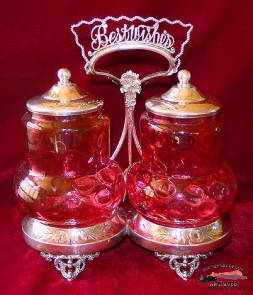Victorian Meriden Double Cranberry Pickle Castor Glassware-China-Silver
