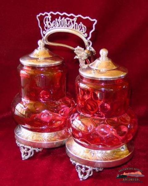 Victorian Meriden Double Cranberry Pickle Castor Glassware-China-Silver