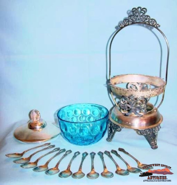 Victorian Silverplate Sugar Castor W/12 Spoons Glassware-China-Silver